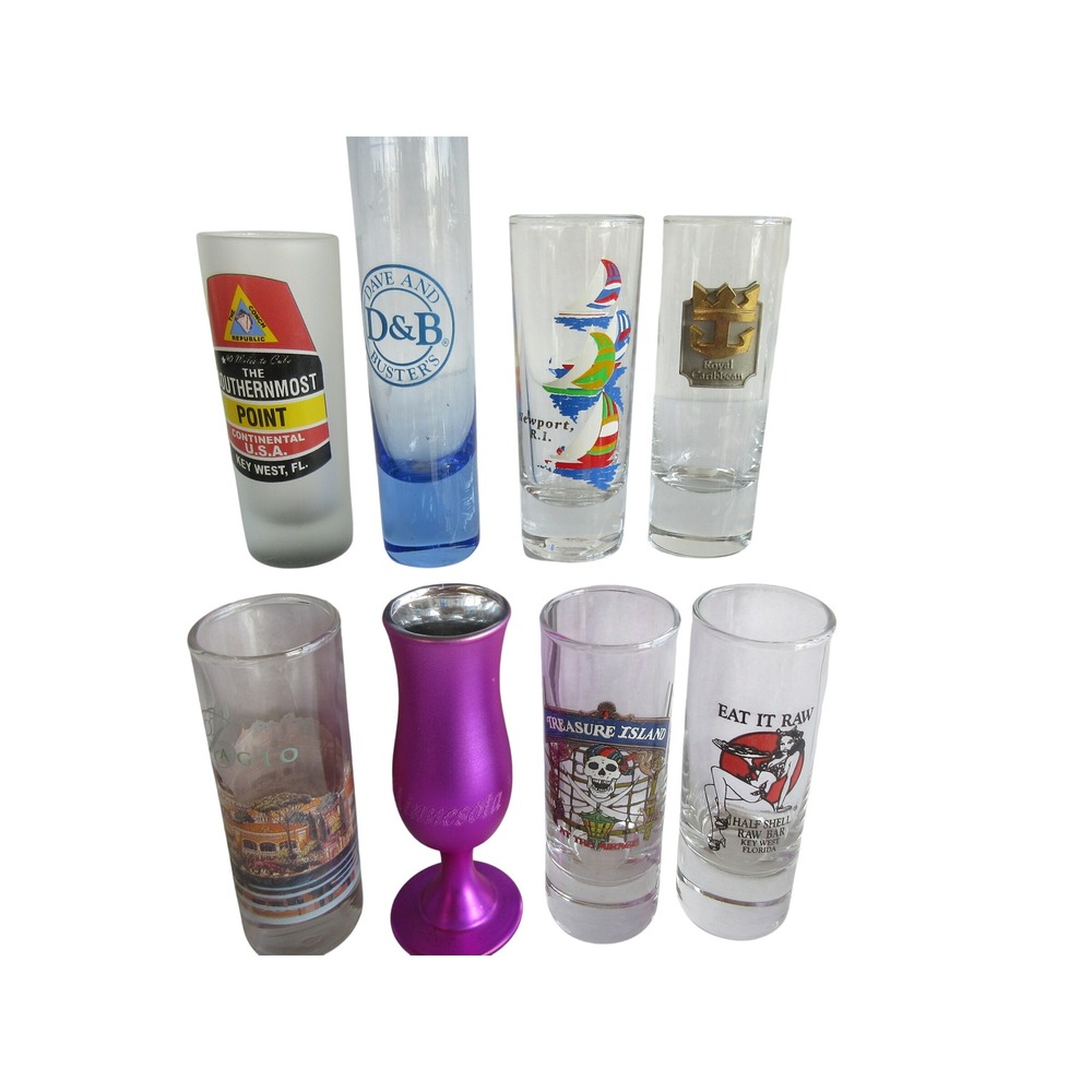 Lot of 8 Souvenir Shot Glasses Key West Las Vegas Royal Caribbean Dave & Busters